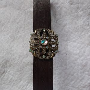 Brown Leather Belt with Rhinestone Buckle